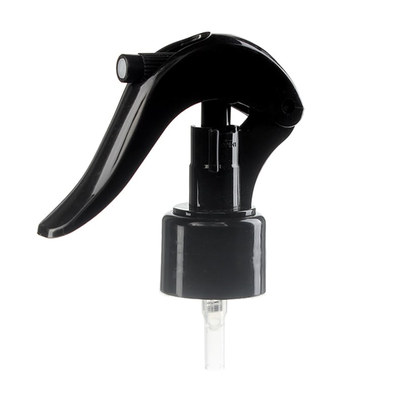 45-degree angled view of black mini trigger sprayer showing nozzle and lockable button, 24mm 24-410 neck, fine mist, 0.25 ml
