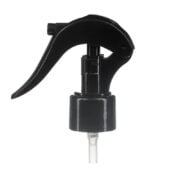 Front view of black mini trigger sprayer, 24mm 24-410 neck, fine mist spray with lockable button, 0.25 ml output