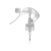Front view of a clear mini trigger sprayer with 24-410 neck and lockable button, fine mist nozzle, 0.5 ml output
