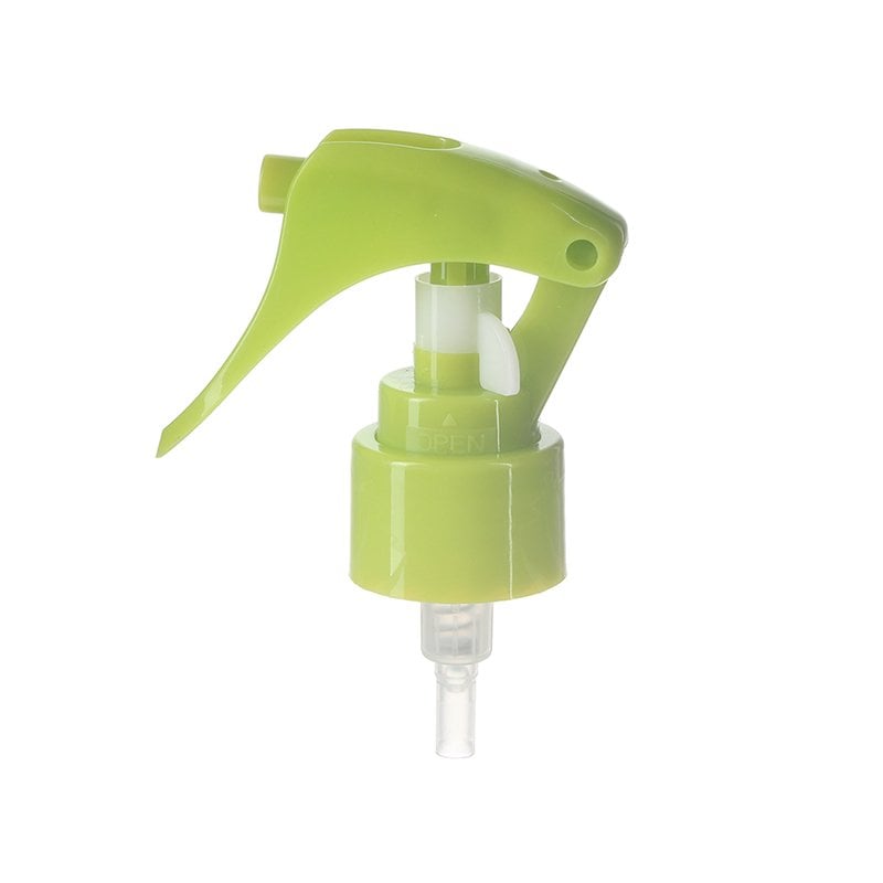 Front view of green mini trigger sprayer, 24mm 24-410 neck, fine mist type with lockable button, 0.25 ml output