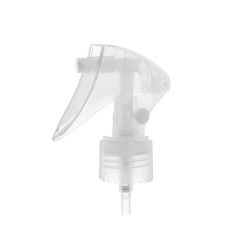 45-degree view of clear mini trigger sprayer for hair care use, showing nozzle and lockable button, 24mm 24-410, 0.25 ml fine mist spray