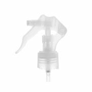Front view of clear bow-shaped mini trigger sprayer, 24-410 neck finish, lockable button, fine mist spray, 0.25 ml output