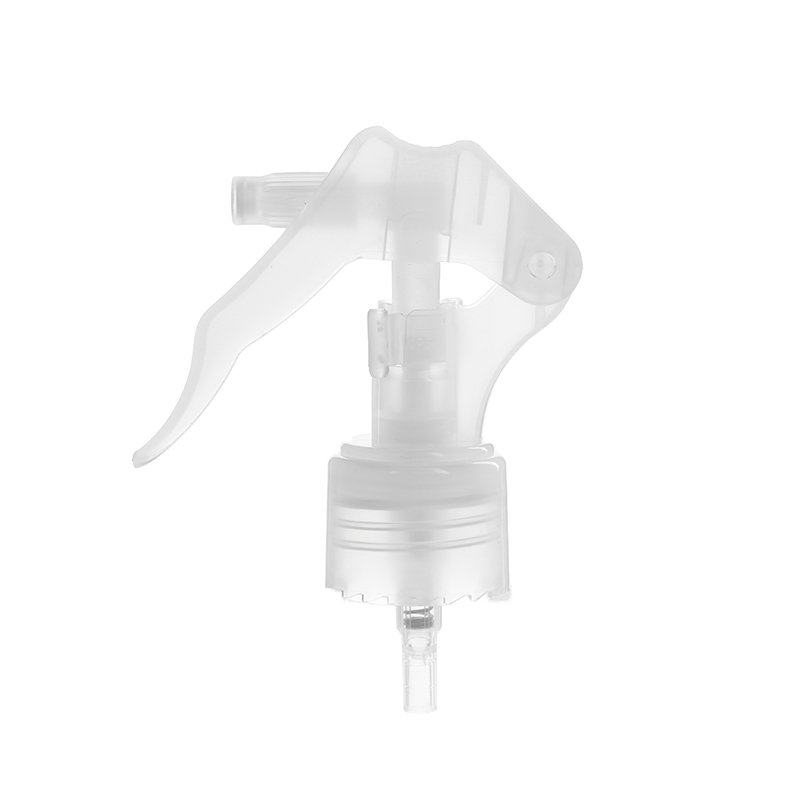 Front view of clear bow-shaped mini trigger sprayer, 24-410 neck finish, lockable button, fine mist spray, 0.25 ml output