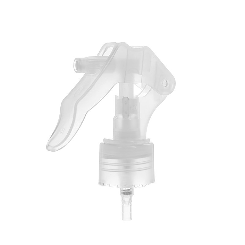 45-degree angled view of clear bow-shaped mini trigger sprayer showing nozzle and lockable button, 24-410 neck, fine mist type