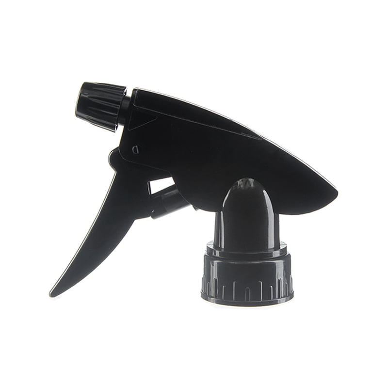 Front view of black heavy duty trigger sprayer, 28mm 28/400 neck, 0.9 ml output