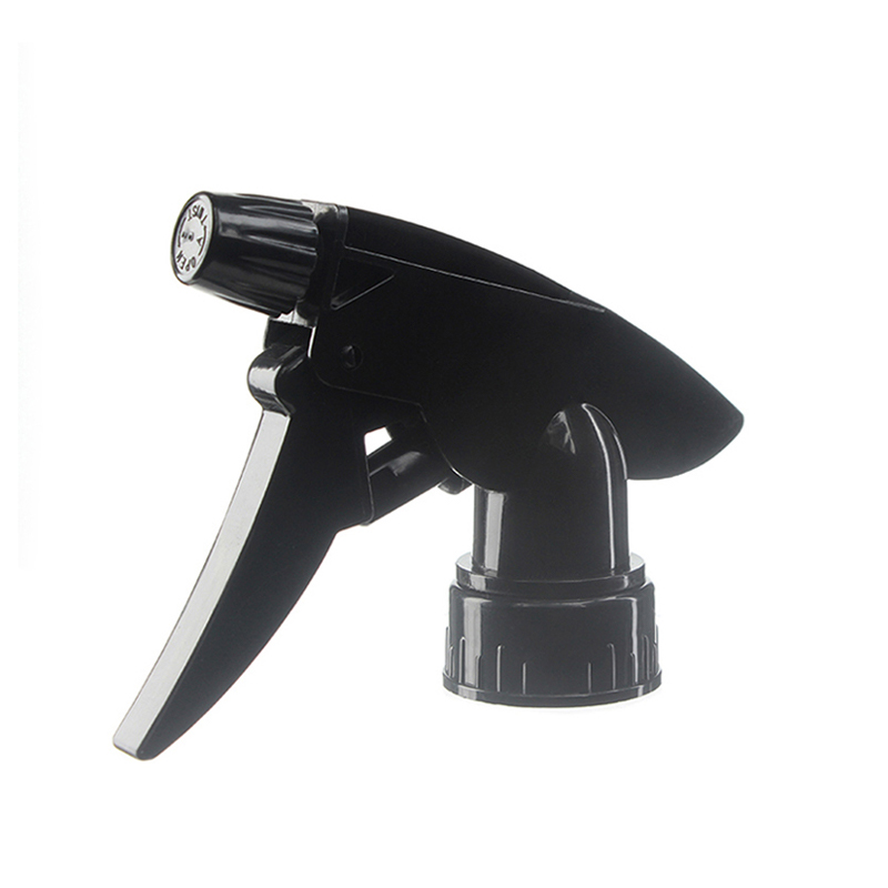 45-degree angled view of black heavy duty trigger sprayer showing nozzle and trigger shape, 28/400 neck, 0.9 ml dosage
