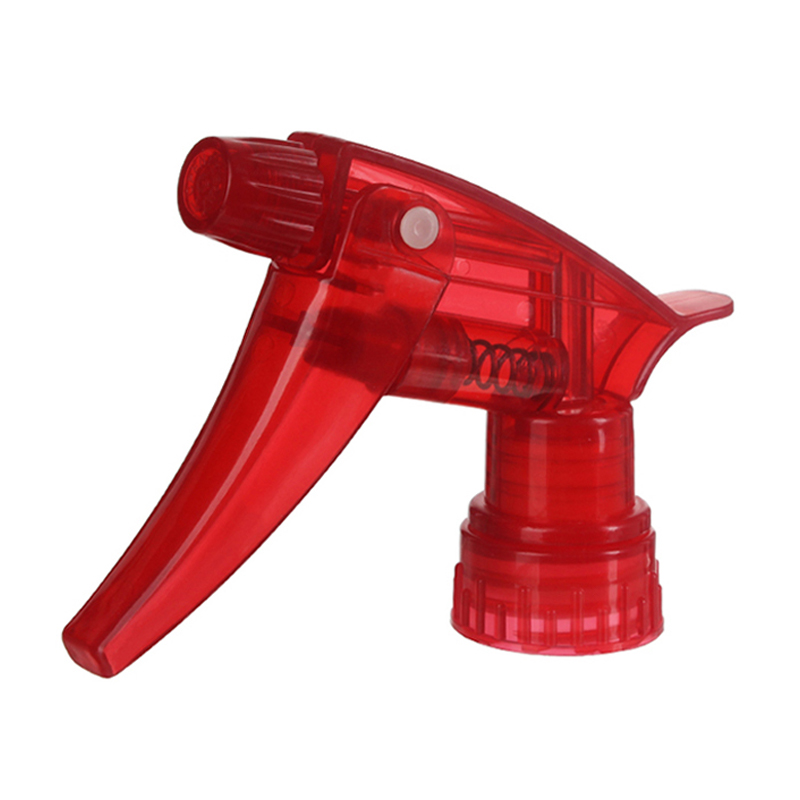 45-degree angled view of translucent red heavy duty chemical resistant trigger sprayer showing nozzle and trigger structure, 28-400 neck, 0.9 ml dosage