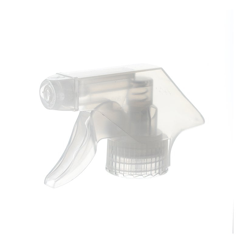 45-degree angled view of clear economical trigger sprayer showing spray/stream nozzle and trigger design, 28-400 neck, 0.6 ml dosage