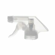 Front view of clear economical trigger sprayer with spray/stream nozzle, 28-400 neck, 0.6 ml output