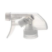 Front view of clear trigger sprayer with single-spray nozzle, 28mm 28-400 neck, 0.9 ml output