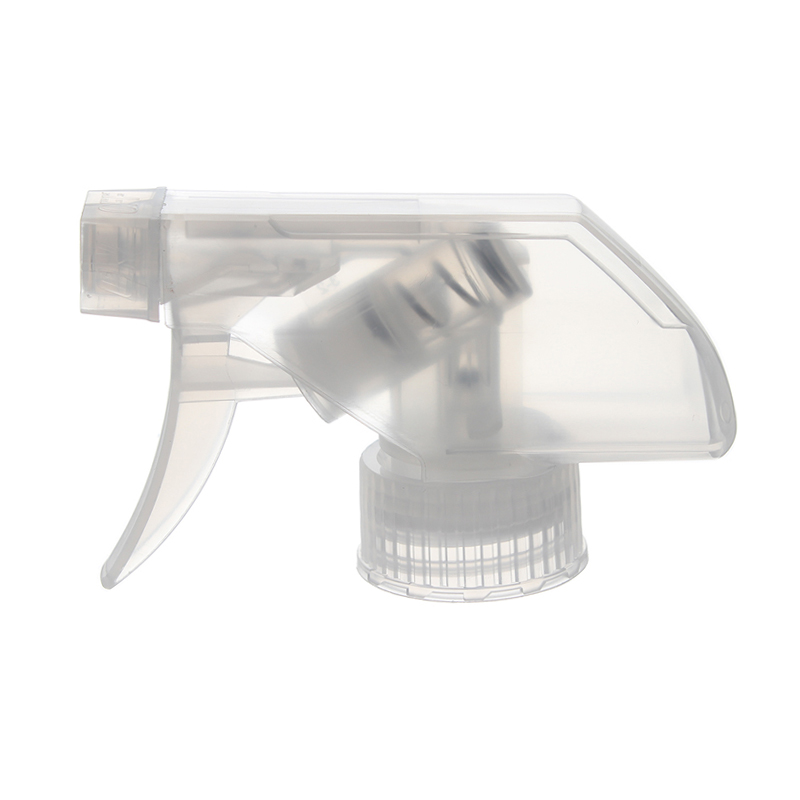 Front view of clear trigger sprayer with single-spray nozzle, 28mm 28-400 neck, 0.9 ml output