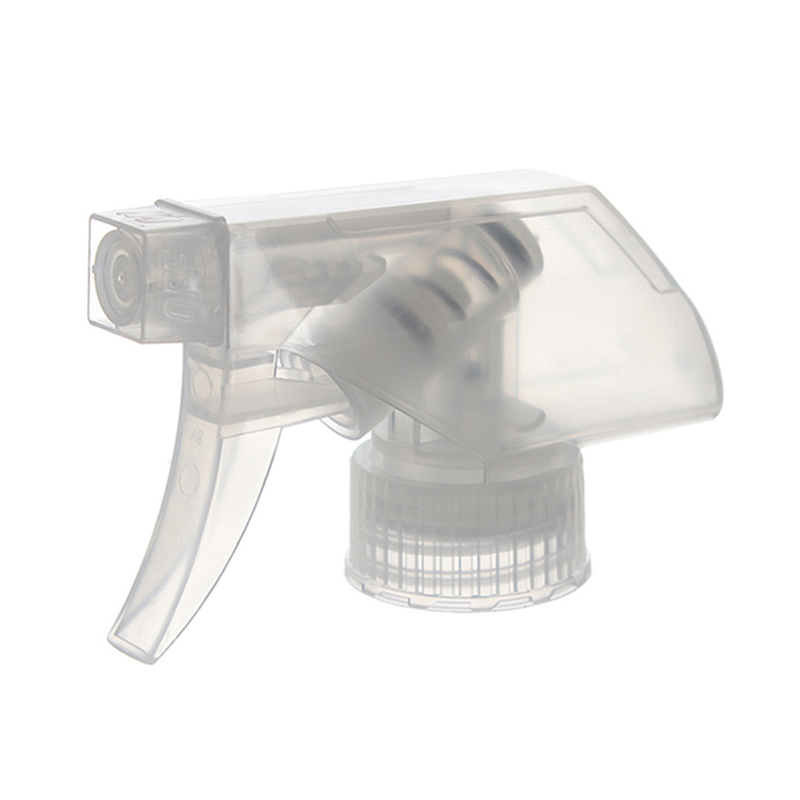 45-degree angled view of clear trigger sprayer showing single-spray nozzle and trigger design, 28-400 neck, 0.9 ml dosage