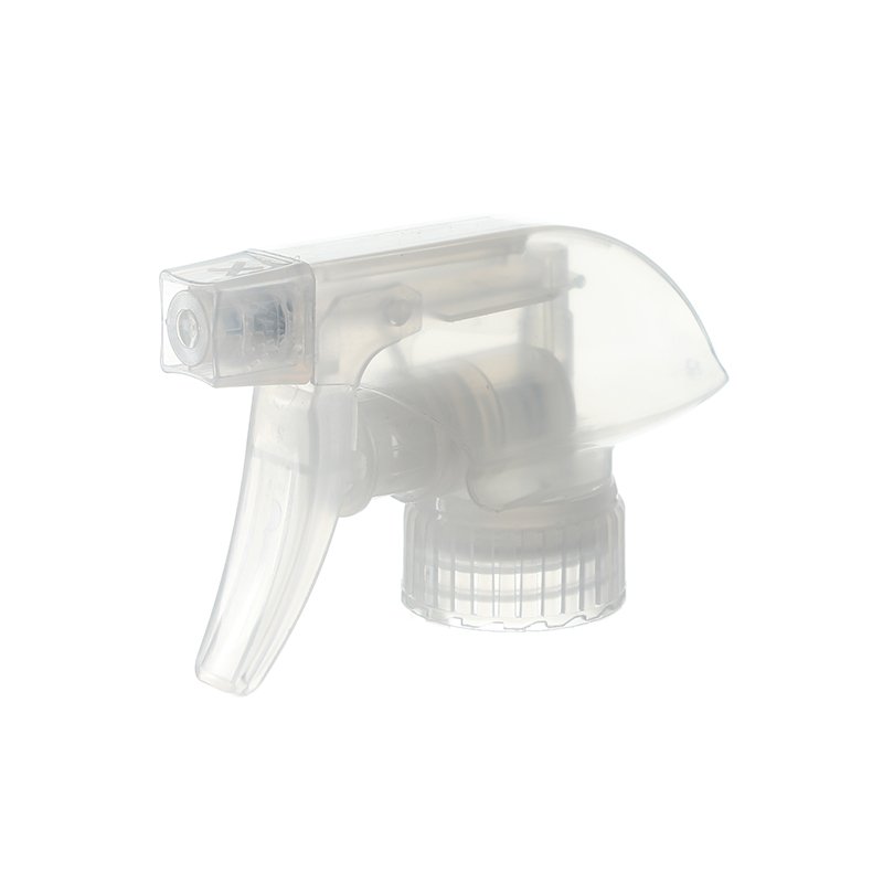 45-degree angled view of clear trigger sprayer showing spray/stream nozzle and ergonomic trigger design, 28-400 neck, 1.1 ml dosage