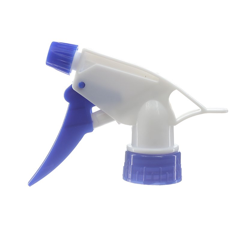 Front view of economical heavy-duty trigger sprayer in white and blue, 28mm 28-400 neck finish, 0.9 ml output