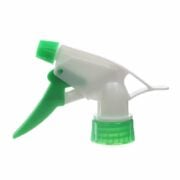 Front view of economical heavy duty trigger sprayer in white and green, 28mm 28-400 neck finish, 0.9 ml output