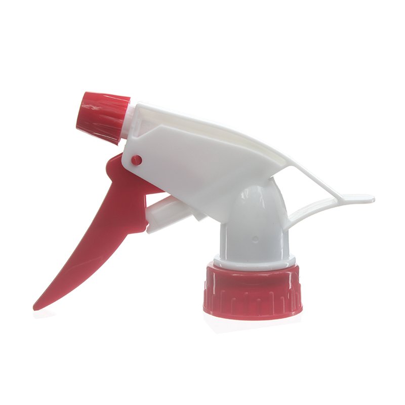 Front view of economical heavy-duty trigger sprayer in white and red, 28mm 28-400 neck finish, 0.9 ml output