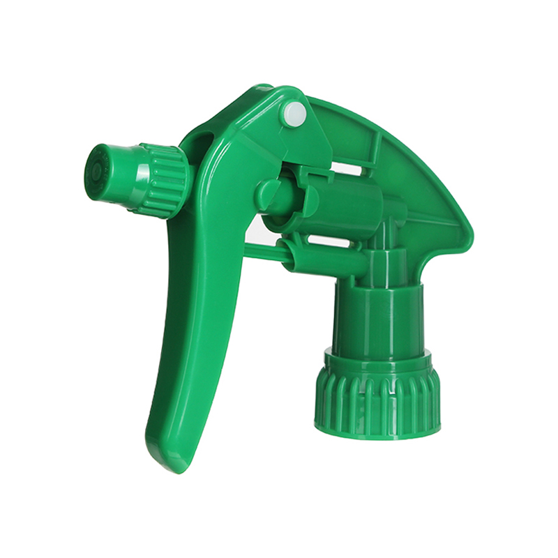 45-degree angled view of green acid resistant trigger sprayer showing nozzle and trigger design, 28-400 neck, 1.0 ml dosage
