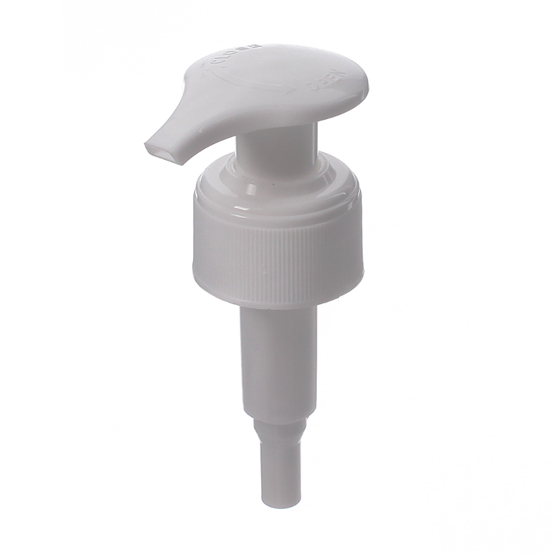 28mm Lotion Pump, Ribbed, Lock Up, White, 1.4ml Output - top view - KIWL Plastic