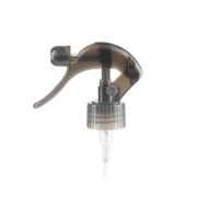 Front view of translucent black mini trigger sprayer, 28-410 neck, fine mist type with lockable button, 0.5 ml output