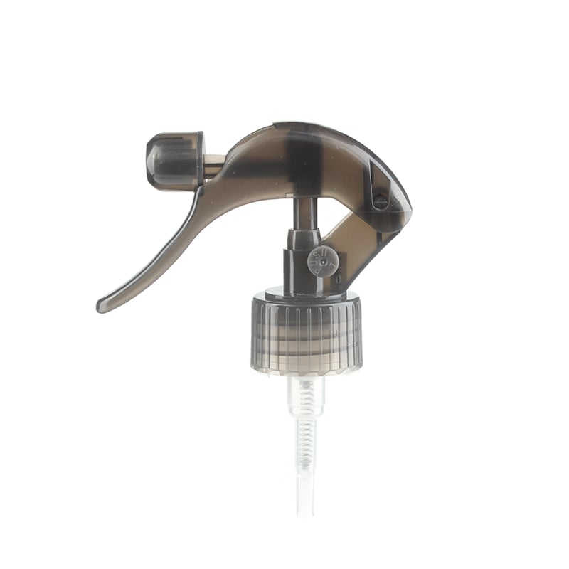 Front view of translucent black mini trigger sprayer, 28-410 neck, fine mist type with lockable button, 0.5 ml output