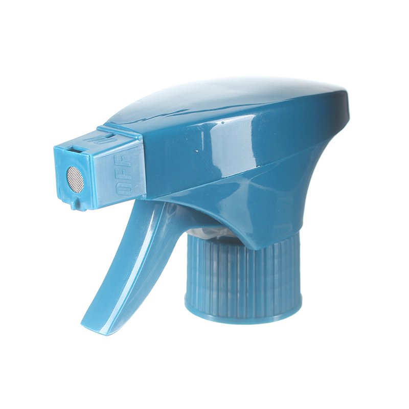 45-degree angled view of blue economical foam trigger sprayer showing flip-open metal mesh foaming head, dual-shroud structure, 28-410 neck, 0.6 ml dosage