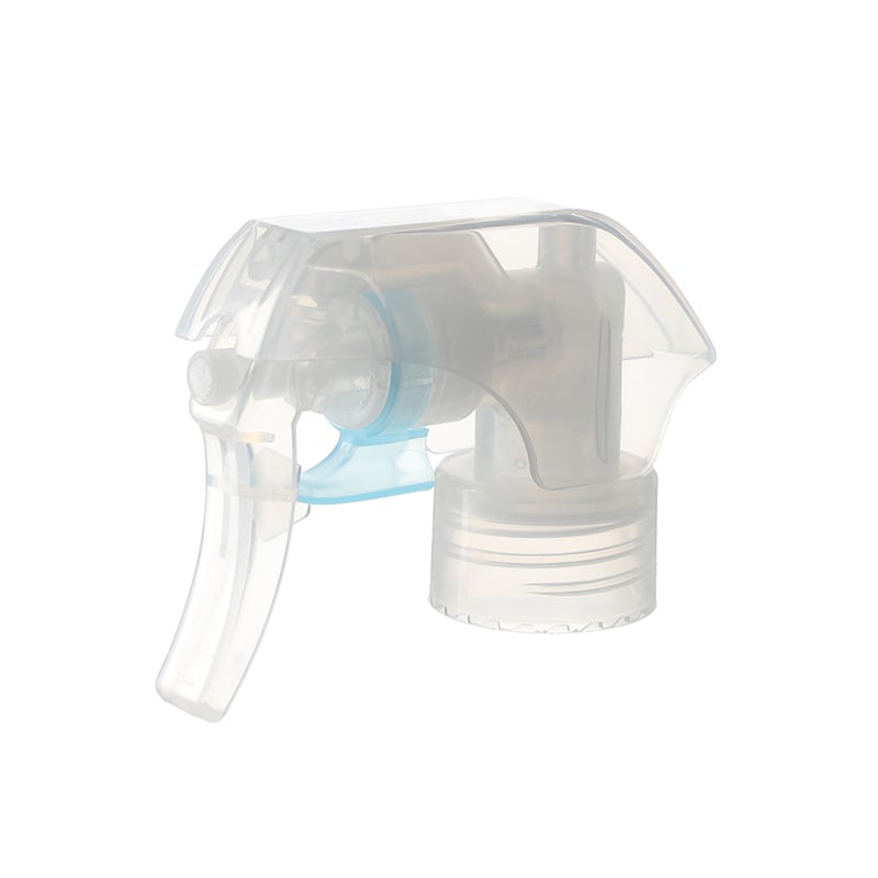 45-degree angled view of clear fine mist trigger sprayer showing lockable button and nozzle design, 28-410 neck, 0.3 ml dosage