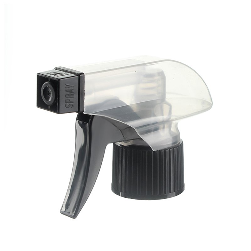 45-degree angled view of clear and black economical trigger sprayer showing spray/stream nozzle and trigger design, 28-410 neck, 0.6 ml dosage