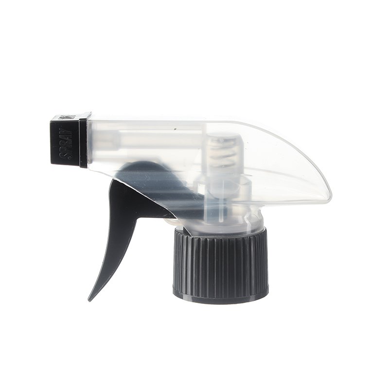 Front view of clear and black economical trigger sprayer with spray/stream nozzle, 28-410 neck, 0.6 ml output