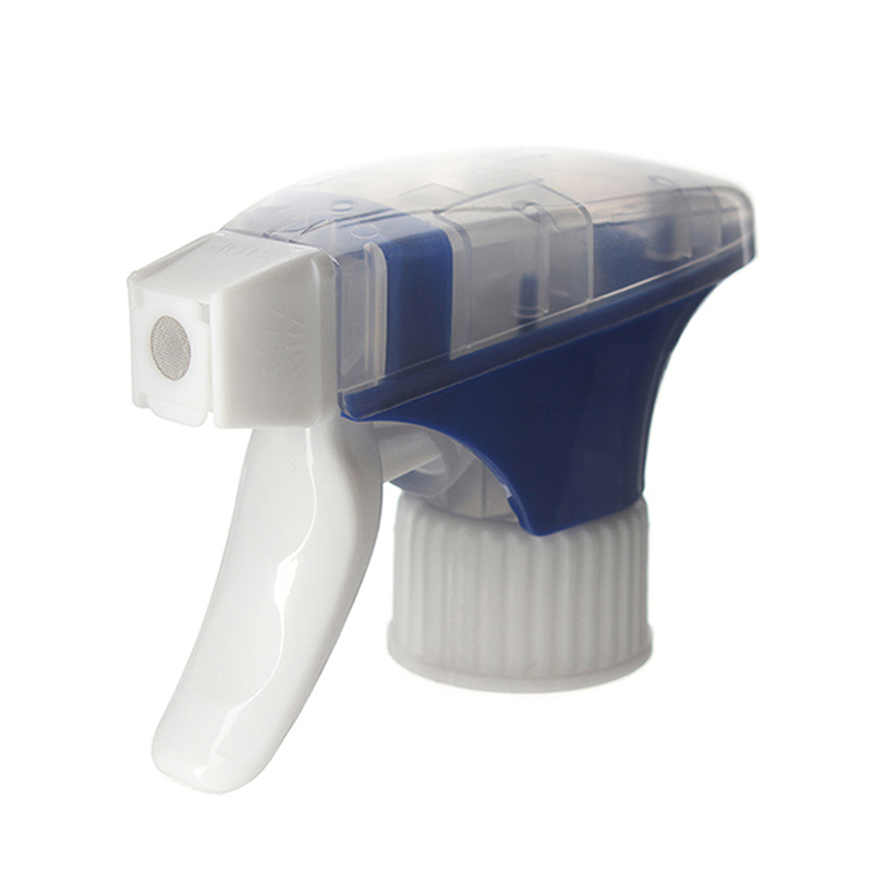 45-degree angled view of foamer trigger sprayer in blue, clear, and white showing metal mesh nozzle, dual-shroud, and trigger, 28-410 neck, 1.3 ml dosage