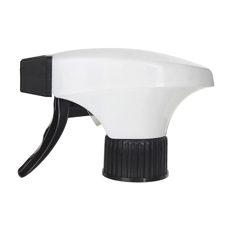 Front view of black-white foamer trigger sprayer with metal mesh and dual-shroud design, switchable foam/spray mode, 28-410 neck, 1.3 ml output