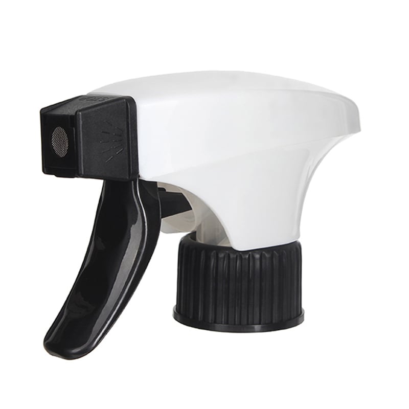 45-degree angled view of foamer trigger sprayer in black-white showing metal mesh nozzle, dual-shroud, and trigger, 28-410 neck, 1.3 ml dosage