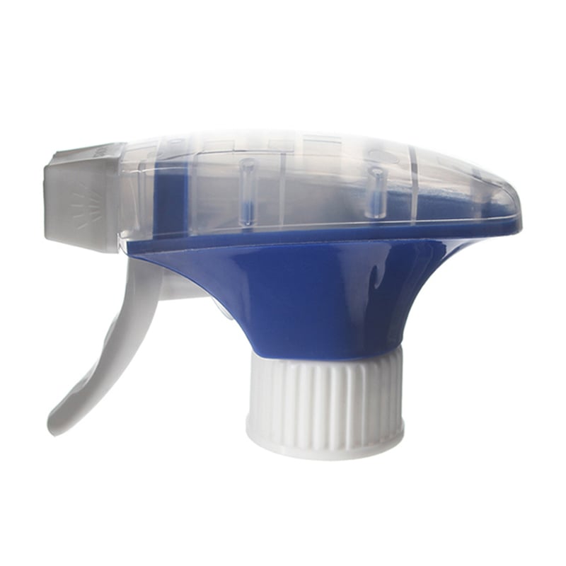 Front view of blue, clear, and white foamer trigger sprayer with metal mesh and dual-shroud design, switchable foam/spray mode, 28-410 neck, 1.3 ml output
