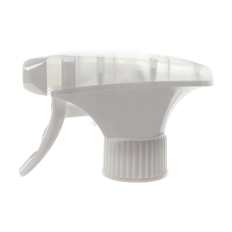 Front view of white and clear general-purpose trigger sprayer with spray/stream nozzle and dual-shroud design, 28-410 neck, 1.3 ml output