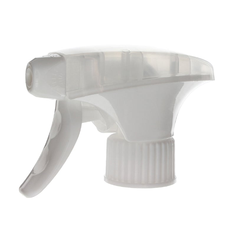 45-degree angled view of white and clear general-purpose trigger sprayer showing spray/stream nozzle and dual-shroud structure, 28-410 neck, 1.3 ml dosage