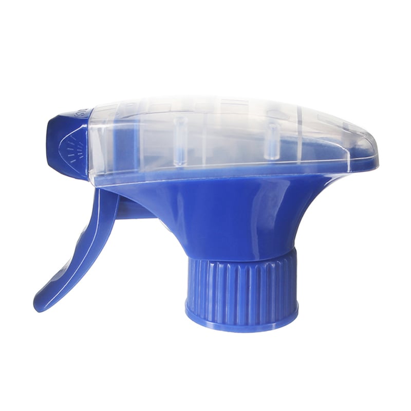 Front view of blue and clear general-purpose trigger sprayer with spray/stream nozzle and dual-shroud design, 28-410 neck, 1.3 ml output