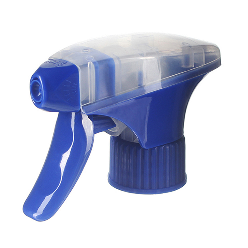 45-degree angled view of blue and clear general-purpose trigger sprayer showing spray/stream nozzle and dual-shroud structure, 28-410 neck, 1.3 ml dosage