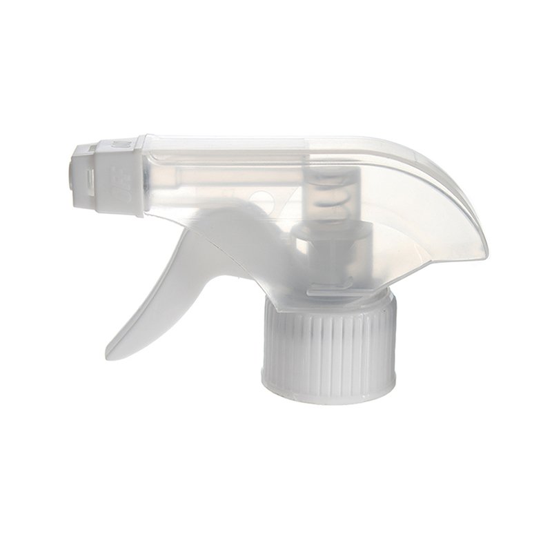 Front view of clear and white economical foaming trigger sprayer with plastic mesh nozzle, 28-410 neck, 0.6 ml output