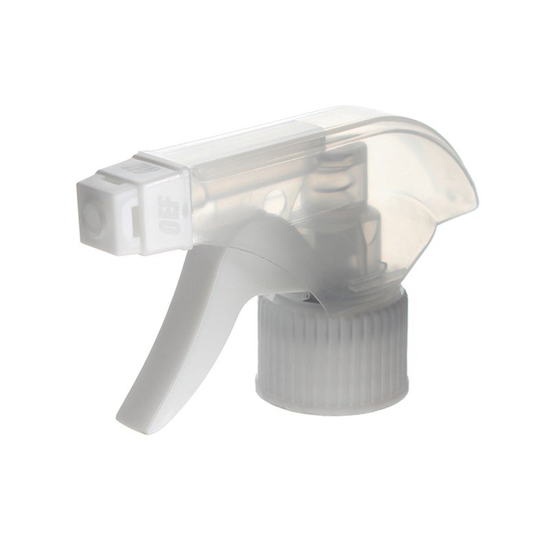 45-degree angled view of clear and white economical foaming trigger sprayer showing plastic mesh head and trigger design, 28-410 neck, 0.6 ml dosage