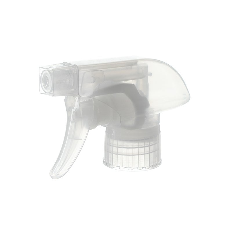 45-degree angled view of clear natural all-plastic trigger sprayer showing spray/stream nozzle and trigger design, 28-410 neck, 1.2 ml dosage