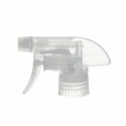 Front view of clear natural all-plastic trigger sprayer with spray/stream nozzle, 28-410 neck, 1.2 ml output