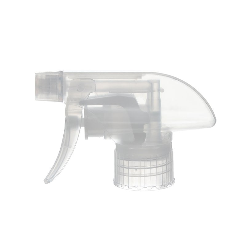 Front view of clear natural all-plastic trigger sprayer with spray/stream nozzle, 28-410 neck, 1.2 ml output
