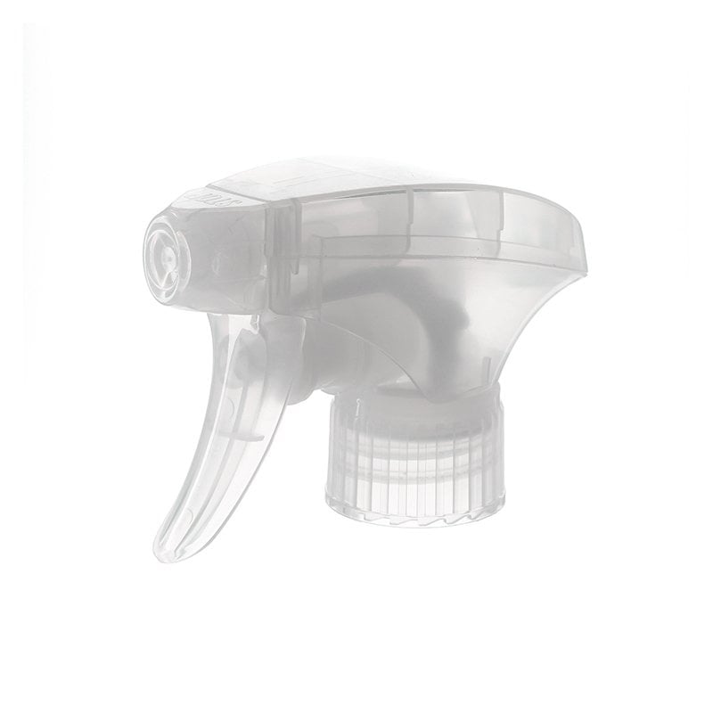 45-degree angled view of clear natural all-plastic trigger sprayer showing spray/stream nozzle and dual-shroud structure, 28-410 neck, 1.3 ml dosage
