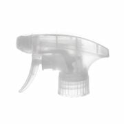 Front view of clear natural all-plastic trigger sprayer with spray/stream nozzle and dual-shroud design, 28-410 neck, 1.3 ml output