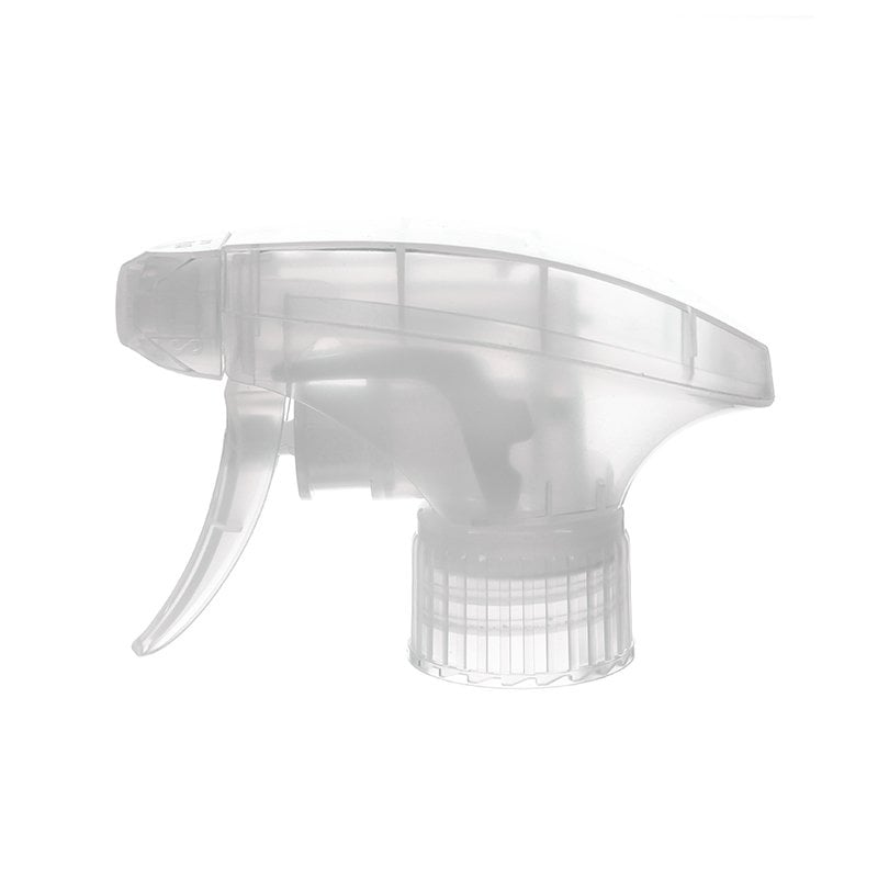 Front view of clear natural all-plastic trigger sprayer with spray/stream nozzle and dual-shroud design, 28-410 neck, 1.3 ml output