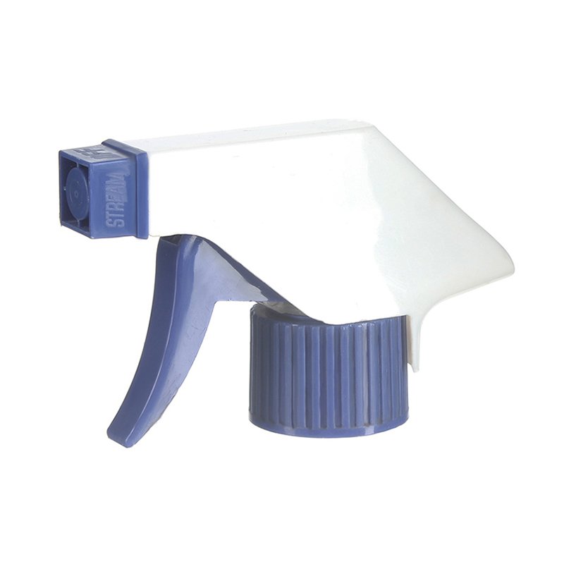 45-degree angled view of white and blue economical trigger sprayer showing spray/stream nozzle and ergonomic trigger, 28-410 neck, 0.6 ml dosage