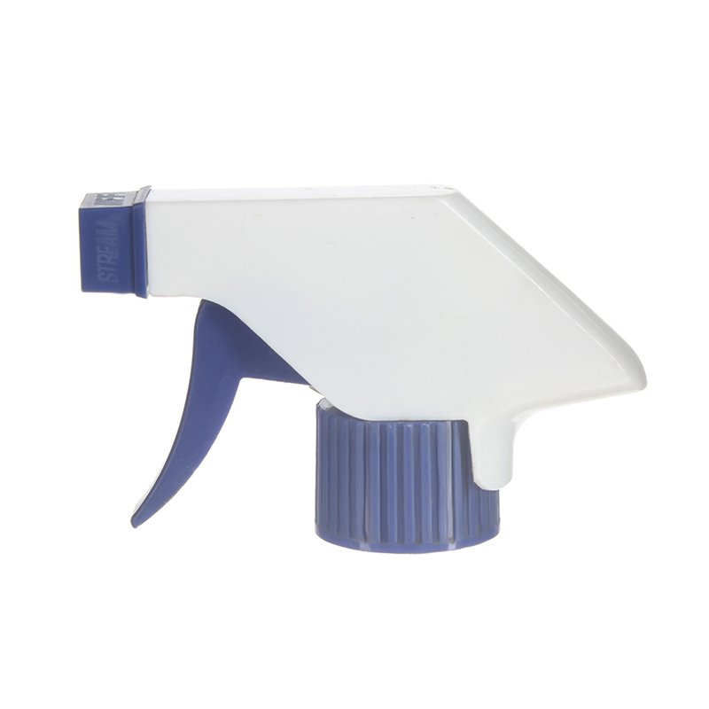 Front view of white and blue economical trigger sprayer with spray/stream nozzle, 28-410 neck, 0.6 ml output