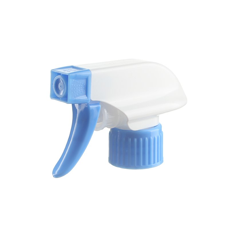 45-degree angled view of white and blue general-purpose trigger sprayer showing spray/stream nozzle and trigger design, 28-410 neck, 1.1 ml dosage