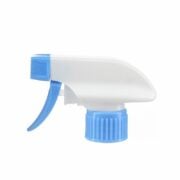 Front view of white and blue general-purpose trigger sprayer with spray/stream nozzle, 28-410 neck, 1.1 ml output