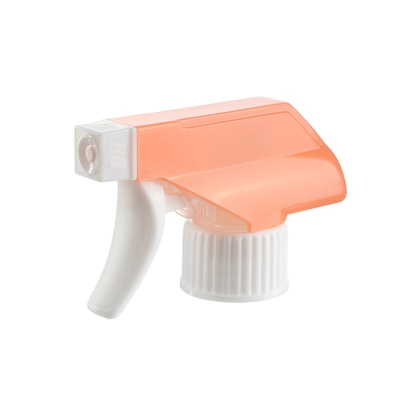 45-degree angled view of orange and white general-purpose trigger sprayer showing spray/stream nozzle and trigger head, 28-410 neck, 0.9 ml dosage