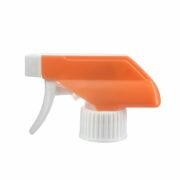 Front view of orange and white general-purpose trigger sprayer with spray/stream nozzle, 28-410 neck, 0.9 ml output